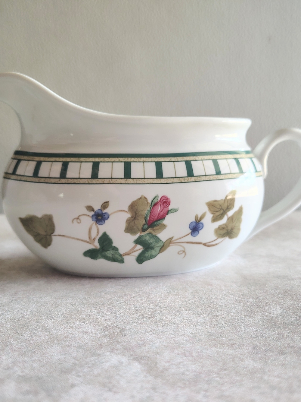 Lenox White Creamer with Green Trim and Floral Motif